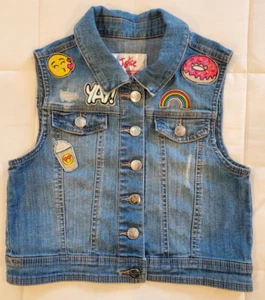 Justice Girls Denim Jean Jacket Sleeveless Vest Size 12/14 Distressed Emojis - Picture 1 of 5