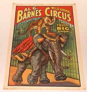 AL G BARNES WILD ANIMAL CIRCUS 1960 vtg poster TIGER RIDING ELEPHANT 13x19 nos - Picture 1 of 4