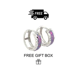 14k White Gold Purple Opal Huggie Hoop Earrings - Picture 1 of 2