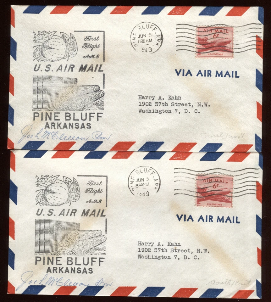 1949 Set of 2 Pine Bluff AR First Flight Covers CAM  2N21, 2S21 PM Signed G2945 - Image 1 of 2