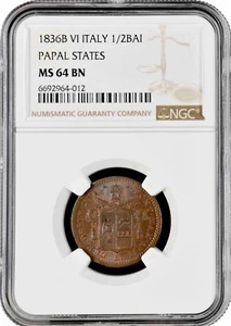 Papal States 1/2 baiocco 1836 B, NGC MS64 BN, "Gregory XVI (1831-1846)"TopPop1/0 - Picture 1 of 2