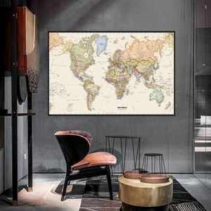 150×100cm Retro World Map Detailed Map Of Major Cities Non-woven Canvas Print - Picture 1 of 6