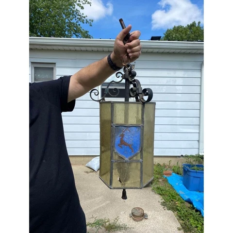 Arts & Crafts Wrought Iron Leaded Glass Light Fixture Unicorn Dragon Medieval Cover