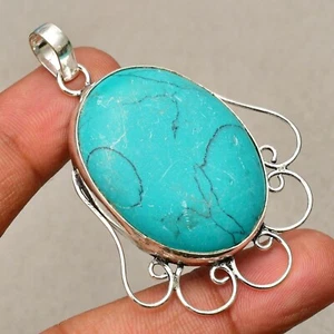 Tibetan Turquoise Gemstone 925 Sterling Silver Handmade Jewelry Pendant 2.16" - Picture 1 of 8