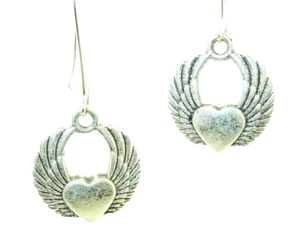 New Beautiful 3-D HEARTS with WINGS Silver-tone Dangle Earrings 1-5/8" Long - Picture 1 of 3