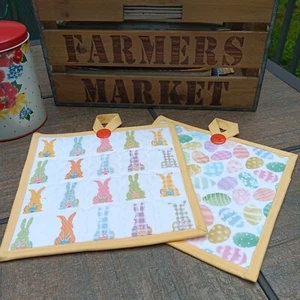 POTHOLDER HOT PAD SET - HANDMADE QUILTED EASTER SPRING (2) WITH HANGING LOOPS - Picture 1 of 4