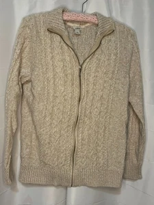LL Bean Sweater Women’s Size L Full Zip Cardigan Cable Knit Fisherman Beige - Picture 1 of 4