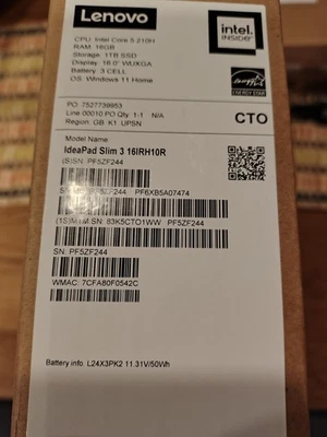 Lenovo IdeaPad Slim 3 Intel Core 5 16GB RAM 512GB SSD 16"WUXGA Laptop 83K5CTO1WW - Image 1 of 4