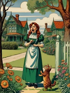 Young Woman Yells for Her Cat 8.5x11" Photo Print Style of Louis Wain/Harker Art - Picture 1 of 1