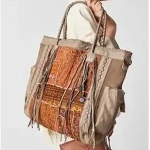 Bolso de Mano Free People Emotions Bohemio Patchwork Cuero Gamuza Algodón Flecos - Imagen 1 de 16