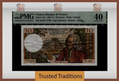 TT PK 147c 1967-71 FRANCE 10 FRANCS VOLTAIRE PMG 40 EXTREMELY FINE - Image 1 of 2