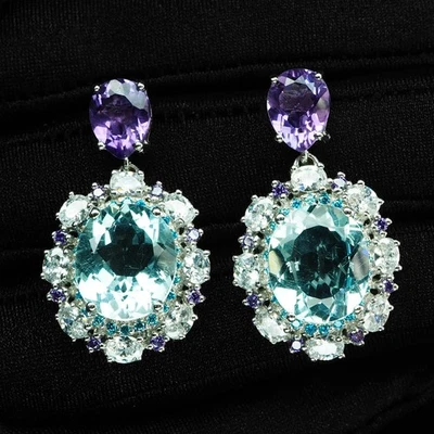 Exquisitos Pendientes Ovalados Aguamarina Azul Marino 14Ct Plata de Ley 925 Oro Blanco Foto 1 de 4