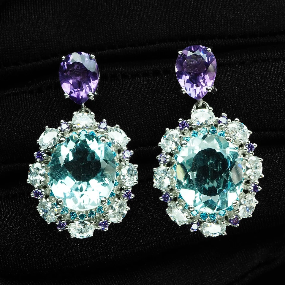 Exquisitos Pendientes Ovalados Aguamarina Azul Marino 14Ct Plata de Ley 925 Oro Blanco Foto 1 de 4