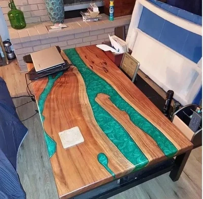 48"x24" Green Epoxy Resin Dining Table | Acacia Live Edge Table | Hallway Decor - Image 1 of 4