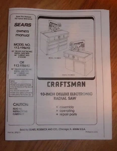 SEARS CRAFTSMAN 10 ZOLL RADIALARMSÄGE BETRIEBSANLEITUNG 113.198410 198410 198610 - Bild 1 von 1