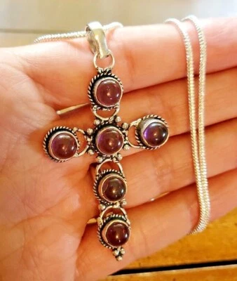 Collar Colgante Cruz Plata Esterlina 925 Piedras Preciosas Amatista 20" Fe #CR39 Foto 1 de 3