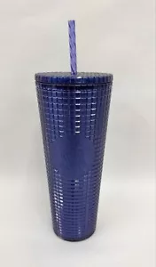 NUEVO vaso Starbucks azul cobalto púrpura rejilla 24 oz Venti con pajita - Imagen 1 de 3