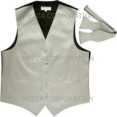 New Men's Vesuvio Napoli Tuxedo Vest Waistcoat Self-tie Bowtie prom party Silver - Image 1 of 4