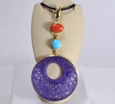 CIONDOLO  ARGENTO 925 DORATO GIADA  CORALLO ROSSO E TURCHESE           AGDV 0219 - Immagine 1 di 3