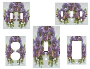 PURPLE PANSIES ON GREY HOME WALL DECOR LIGHT SWITCH PLATES OR OUTLETS - Picture 1 of 31