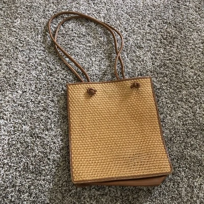Bolsa tote vintage Bottega Veneta tecido corda de juta couro marrom retangular LEIA FALHA - Imagem 1 de 4