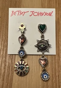 Pendientes colgantes Betsey Johnson tono dorado cristal multicolor desajustado mal de ojo - Imagen 1 de 7