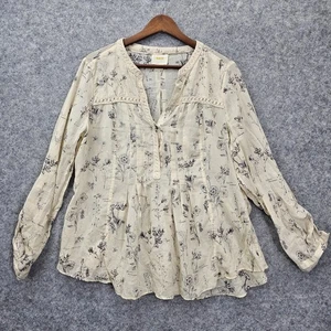 Pintuck Blouse Women 12 Large Cream Botanical Peplum Cottage ANTHROPOLOGIE Maeve - Picture 1 of 12