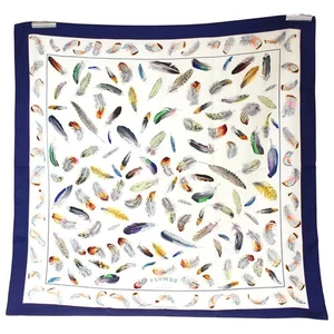 Hermes Carre 90 Feather Motif 100% Silk Square Scarf Navy Made in France - Picture 1 of 9