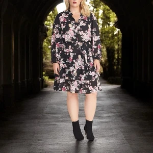Rachel Roy Ally Print Long Sleeve Dress 3XL Knee Length Semi Sheer Floral Black - Picture 1 of 13