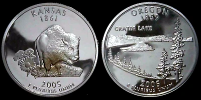 2005-S 25C State Quarter Kansas Oregon GDC Proof 90% Silver 2 coins 24att1021-3 - Image 1 of 2