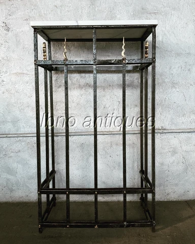 1900's WORIGHT IRON PETITE WALL CONSOLE TABLE W/ MARBLE TOP. "FLAMES" DETAILS Cover