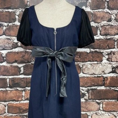 Phoebe Couture Dress Women's 4 Blue Knee Length Wool Leather Bow Coquette Girl - Image 1 of 4
