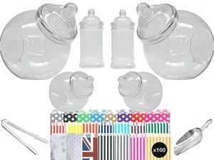 6 Plastic Sweet Jars, 1 Tong, 1 Scoop, 100 Bags Candy Buffet Wedding Party Retro - Picture 1 of 5
