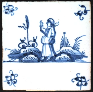 GREAT EARLY 18th. CENTURY  DELFT TILE  DEPICTING A WOMAN IN A ROCKY LANDSCAPE - Picture 1 of 2