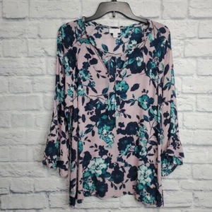 Blusa J Jill Top Mujer XL Azul Rosa Floral Túnica Volantes Crepé Informal Oficina - Imagen 1 de 12
