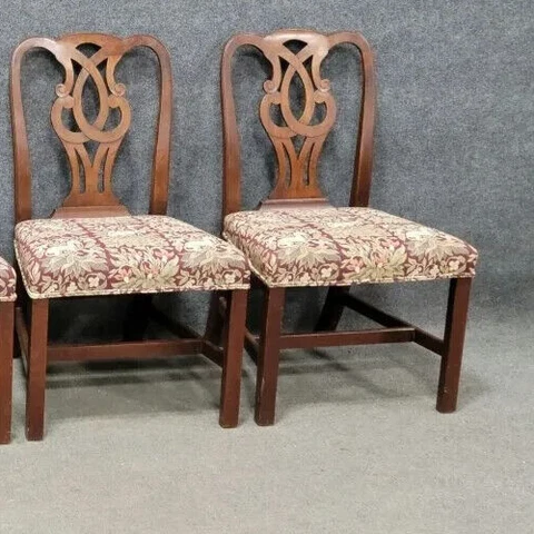 Pair of Kittinger Mahogany Chippendale Dining Chairs Unicorn Tapestry Fabric Cover