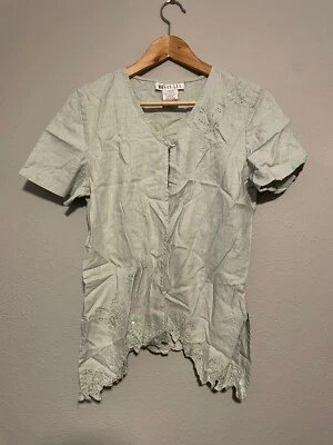 Vintage Womens Kimono Size 10 Green Linen Blend Beaded Embroidered Fairy 90s - Image 1 of 4