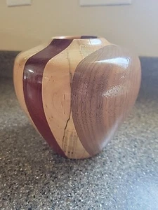 VINTAGE ~ Handgefertigt Holz segmentierte Vase Schüssel Inlay Kirsche Nussbaum Asche 5,5 Zoll x 5,5 Zoll - Bild 1 von 7