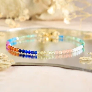 Natural Rainbow Multi Gemstone Beaded Healing Reiki Dainty Crystal Bracelet - Picture 1 of 4