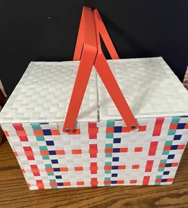 Large flat wicker Rectangular Picnic Basket w/ Handles Colorful!  15 x 11 x 9.5 - Picture 1 of 9