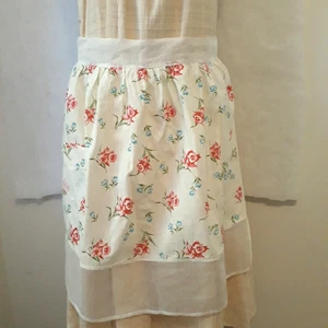 Vintage Half Apron White Cotton Floral with Sheer Hem & Pocket Retro Cottage - Picture 1 of 7