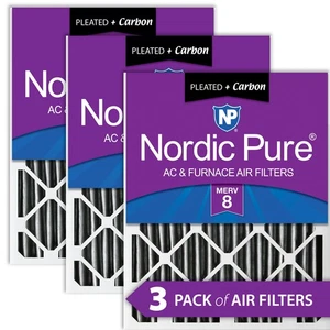 Nordic Pure 16x20x2 Furnace Air Filters MERV 8 Pleated Plus Carbon 3 Pack - Picture 1 of 7