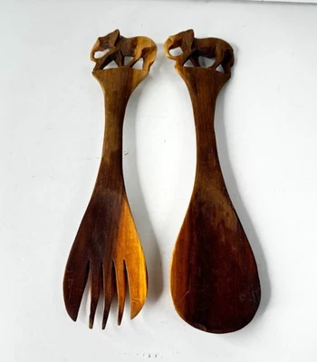 Wood Salad Spoon Fork Set Carved Elephant Vintage Mid Century Modern Utensils12” - Image 1 of 4