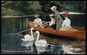 River Glideth At His Own Sweet Will Young Woman Rowing Boat Swans Postcard - Picture 1 of 2
