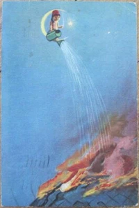 Postal de fantasía de la Primera Guerra Mundial 1917, bebé fumando en la luna extinguiendo llamas, estrella - Imagen 1 de 1