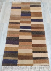 Alfombra pequeña anudada a mano 2' x 4'4" pura lana arte seda 65x132 cm rayas... - Imagen 1 de 24