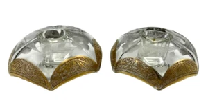 Vtg MCM Pair of Tapered Candlestick Holder Thick Etched Clear Glass Gold Gilt - Bild 1 von 6