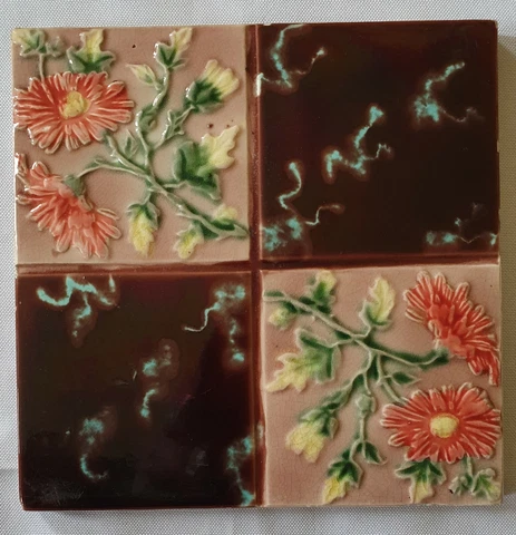 English Victorian Majolica floral Tile. Lea & Boulton Cover