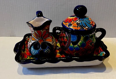 Talavera Juego de 3 Piezas Azul Cobalto Azúcar y Crema con Plato Cerámica Mexicana Foto 1 de 4