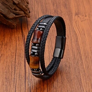 Men Tiger Eye Multi layer Braided Leather Protection Bracelet Cuff Clasp Bangle - Picture 1 of 7